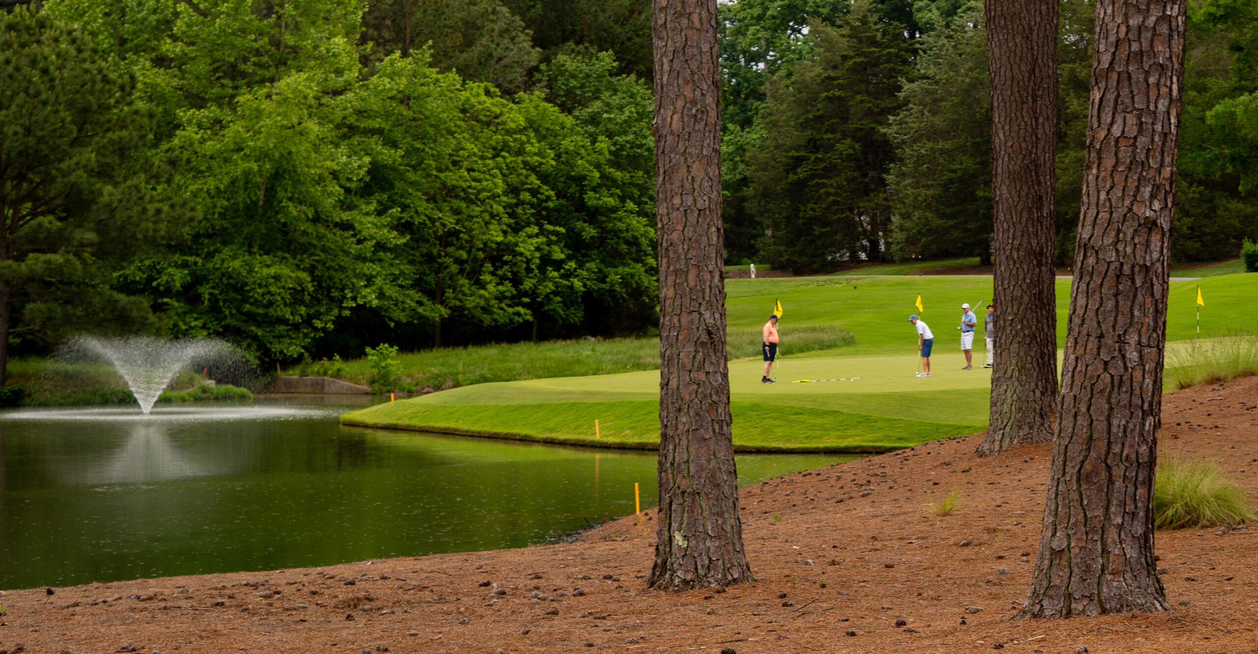 Three people stand on a green golf course near a pond and fountain, surrounded by tall trees and lush greenery—a beautiful setting often chosen for events for Virginia boys and girls. The scene is viewed through several tree trunks in the foreground.