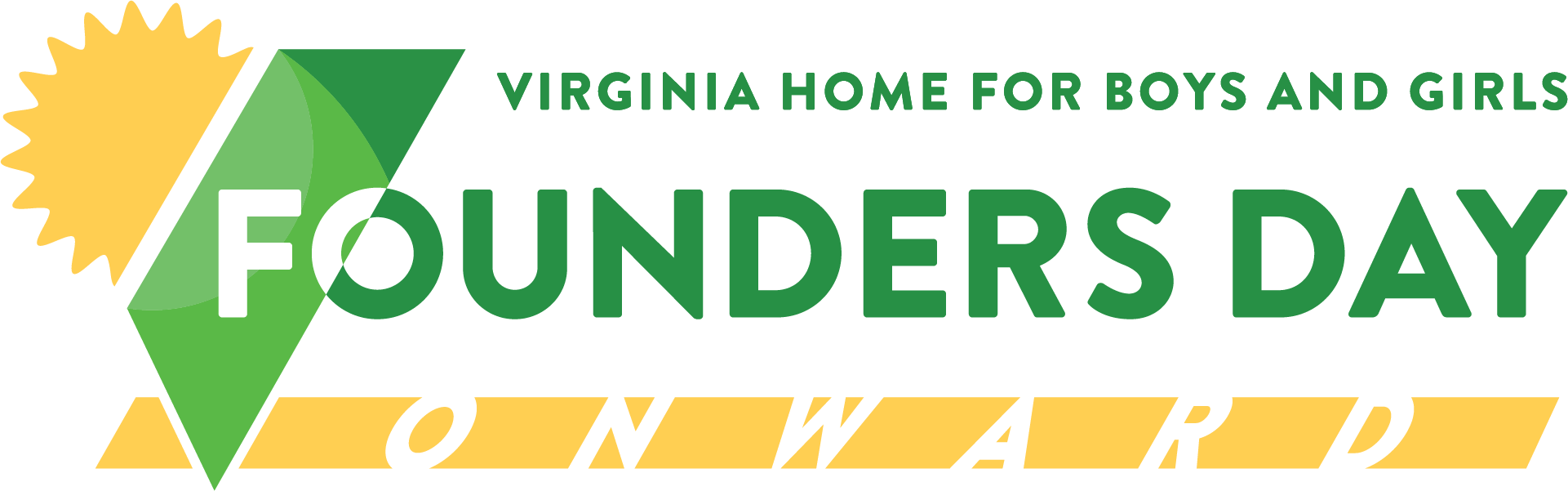 Logo for Virginia Home for Boys and Girls Founders Day, featuring a stylized yellow sun and green triangle, with "Founders" in bold green and "Onward" on a yellow banner—celebrating inspiring events for Virginia boys and girls.