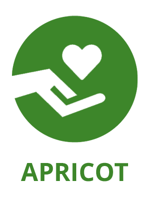Green circle with a white hand holding a heart shape above it. Below the circle, the word APRICOT is written in bold green letters.