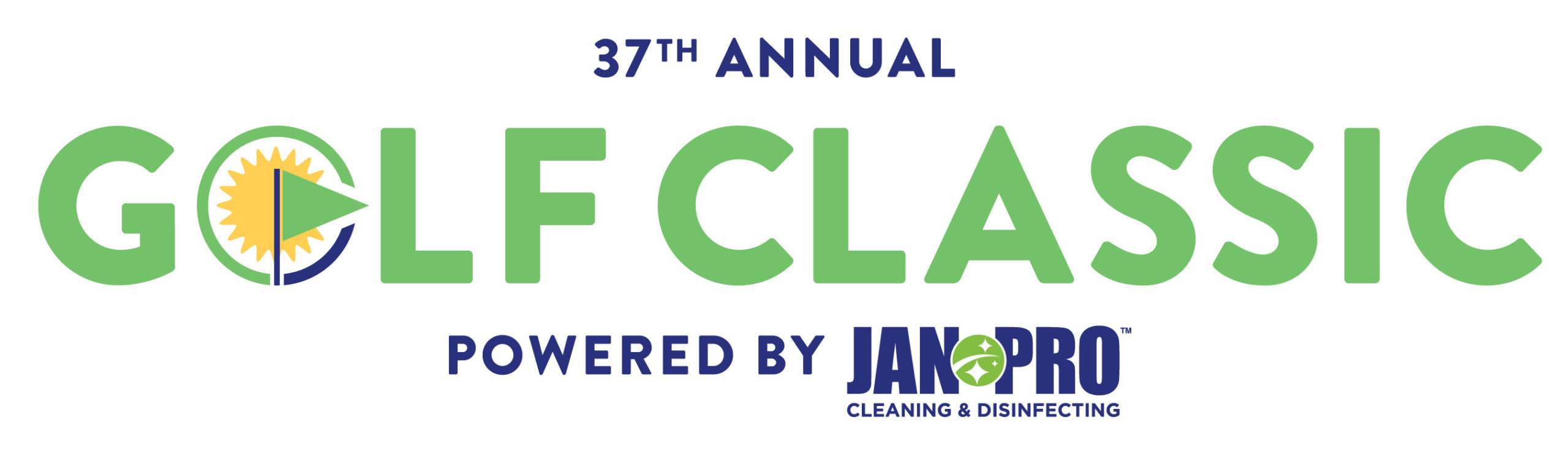 Logo for the 37th Annual Golf Classic, powered by JAN-PRO Cleaning & Disinfecting. The O in GOLF features a sun and flag graphic.