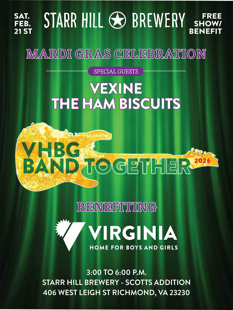 Event poster for a Mardi Gras celebration at Starr Hill Brewery featuring bands Vexine and The Ham Biscuits, benefiting Virginia Home for Boys and Girls, on Feb 21 from 3-6 PM in Richmond, VA.