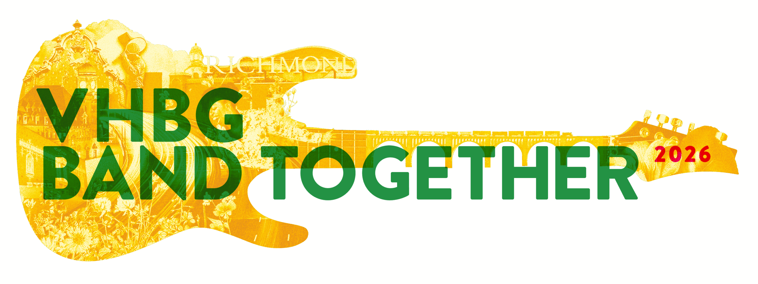 Yellow electric guitar silhouette with city landmarks and crowd, overlaid with green text VHBG BAND TOGETHER and red 2026 on the guitar neck. The word RICHMOND appears faintly above the guitar body, celebrating events for Virginia boys and girls.