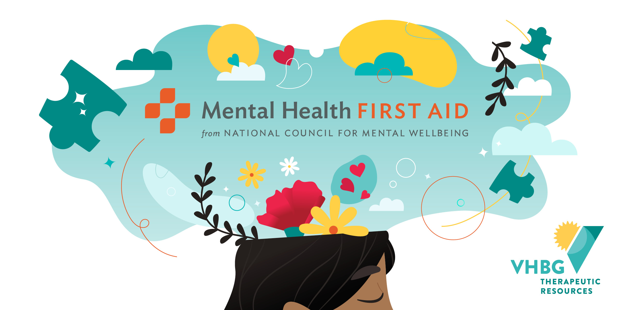 Illustration of a person with flowers and puzzle pieces emerging from their head, surrounded by hearts and clouds. Text reads: Mental Health First Aid—events for Virginia boys and girls by National Council for Mental Wellbeing and VHBG.