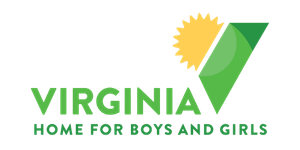 Logo for Virginia Home for Boys and Girls, featuring a green letter V with a yellow sunburst in the top left corner and the organizations name beneath in green text.